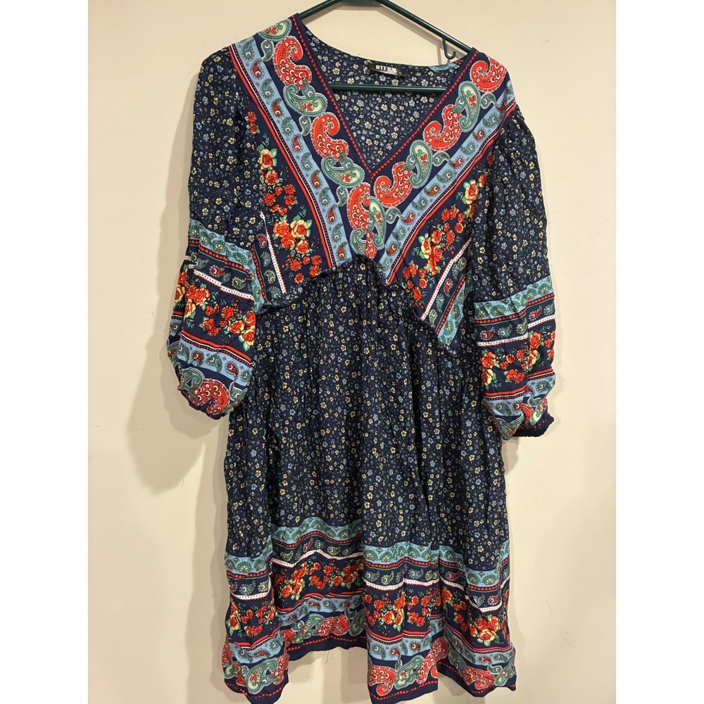BTFBM Navy Blue Floral Paisley Boho V-Neck Babydoll Mini Dress Medium 7089 - Picture 2 of 7